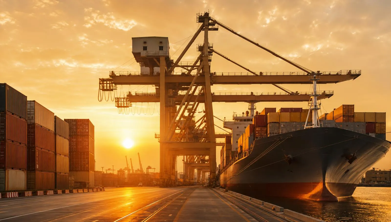 Terminal de contêineres ao amanhecer, com guindastes pórtico e navio atracado sob luz âmbar