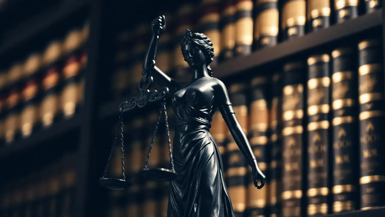 Estátua da Justiça em bronze escuro diante de estantes de livros jurídicos