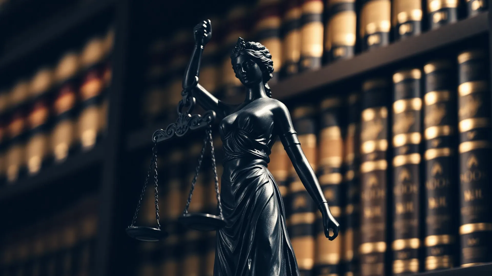 Estátua da Justiça em bronze escuro diante de estantes de livros jurídicos